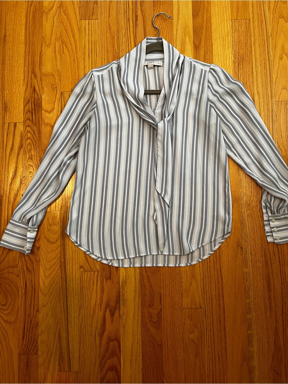 LOFT Blue and White Vertical Stripe Tie-Neck Blouse - XXSP